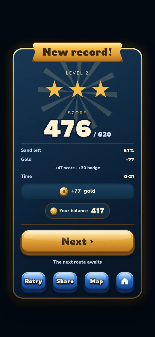 Result screen: three stars and a new record