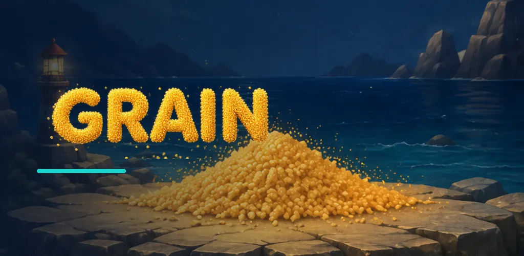 GRAIN logosu ve deniz kıyısında altın kum yığını